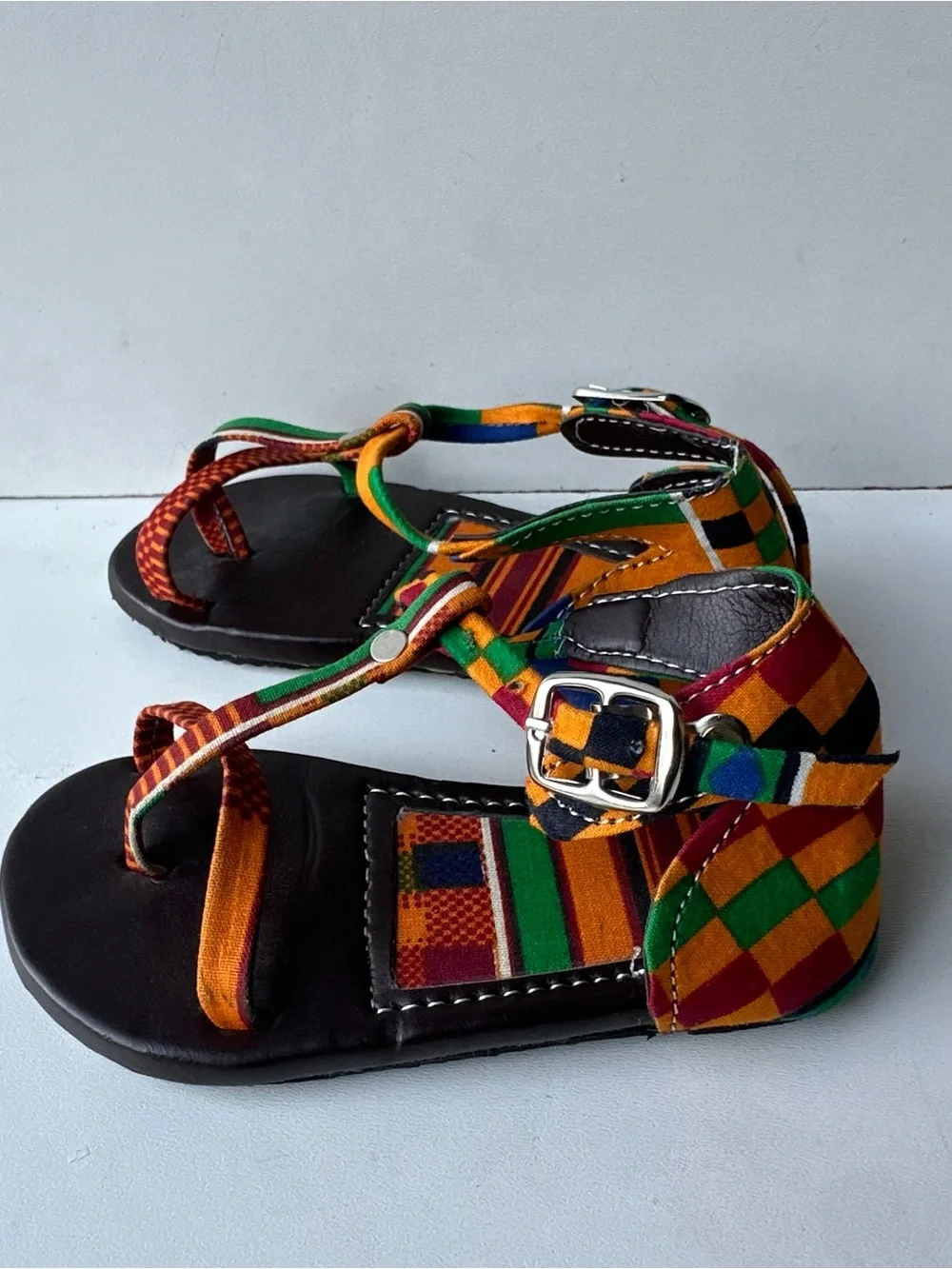 Handmade African Kente Print Fabric Leathe r Sandals Strappy Toddler Kids Size 5